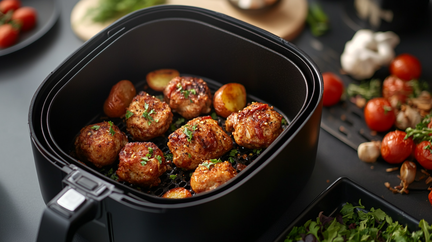 Quick Simple Air Fryer Meatballs and small potatoes cooked in an air fryer, surrounded by fresh herbs, tomatoes, garlic, and greens on a dark kitchen countertop.