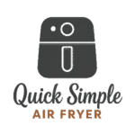 Black air fryer icon above the words "Quick Simple" in cursive and "AIR FRYER" in uppercase, bold brown letters on a light background.