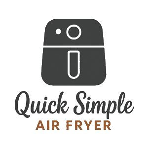 Black air fryer icon above the words "Quick Simple" in cursive and "AIR FRYER" in uppercase, bold brown letters on a light background.